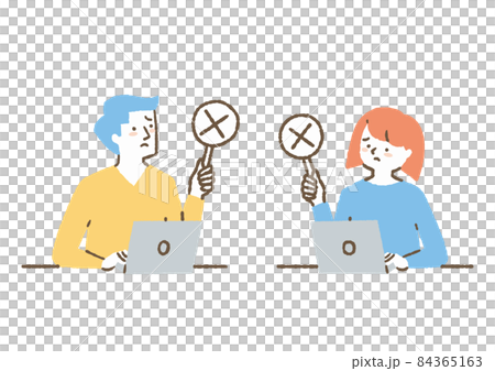 仕事中にバツの札を出す男女_色 84365163