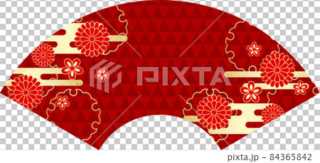 日本紙風日本花金葉雲鱗紋背景扇形紅色 84365842