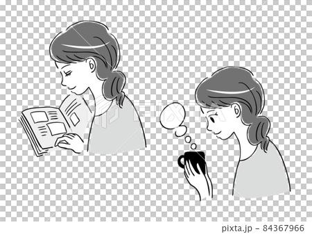 読書とお茶を飲む女性のイラストのイラスト素材