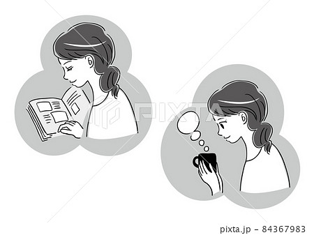 読書とお茶を飲む女性のイラストのイラスト素材 読書とお茶を飲む女性のイラストのイラスト素材