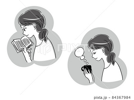 読書とお茶を飲む女性のイラストのイラスト素材