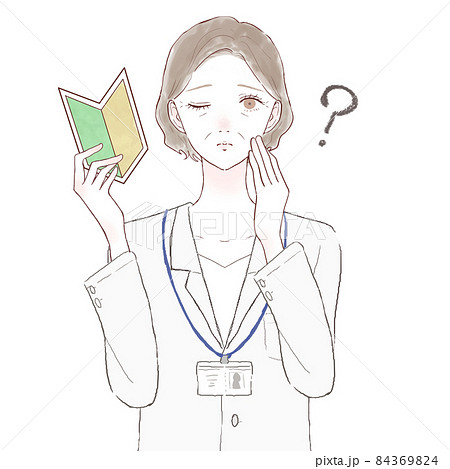初心者マークを持っている中年の女性医師 疑問を持っている表情のイラスト素材