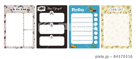 Vector set of weekly planner, to do list, note, background with doodle pirate print. School planner with doodle sketch. A map with a hand-drawn sketch of a mermaid ship and pirate items. Template for 84370316