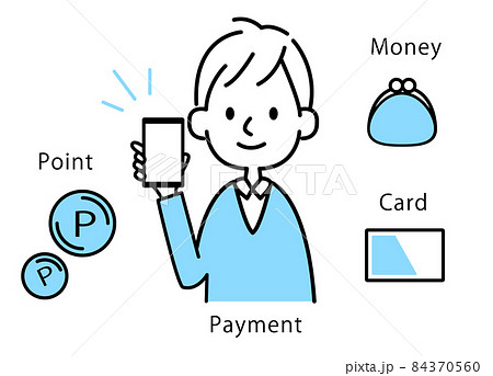 モバイル　電子マネーで買い物をするシンプルタッチの男性イラスト　ベクター素材 84370560