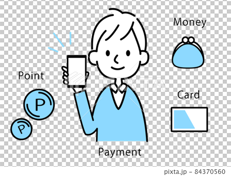 モバイル　電子マネーで買い物をするシンプルタッチの男性イラスト　ベクター素材 84370560