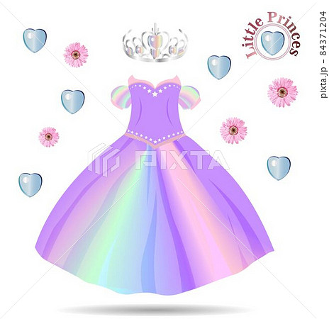 Vector fashion illustration. Beautiful wedding look. Elegant evening dress. Pattern of fashionable dress for little girls. Party clothes for babies. Baby suit. Princess. Tulle skirt 84371204