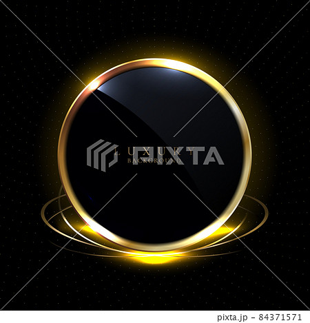 Abstract 3D black glossy circles golden ring round frame and lighting effect with gold particle on black background 84371571