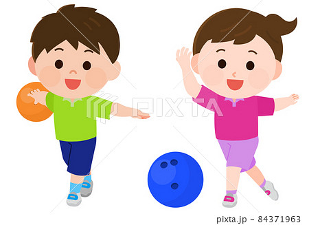 ボウリングをする男の子と女の子 イラストのイラスト素材