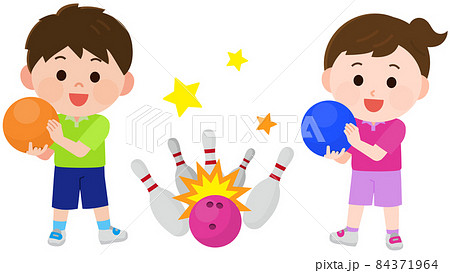 ボウリングをする男の子と女の子 ボウリングピンとボール イラストのイラスト素材
