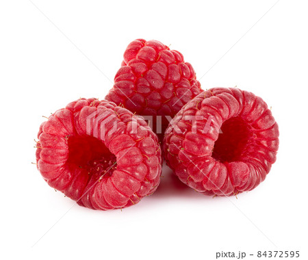 Three ripe raspberries isolated on white background. Three ripe raspberries isolated on white background. 84372595