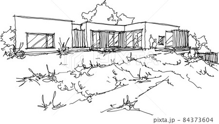 hand drawn architectural sketches of modern one story detached house with flat roof and people around 84373604