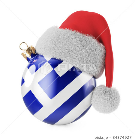 Christmas ball with Greek flag and Santa Claus hat. Christmas and New Year in Greece, concept. 3D rendering Christmas ball with Greek flag and Santa Claus hat. Christmas and New Year in Greece, concept. 3D rendering 84374927