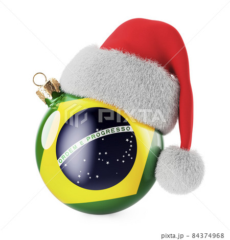 Christmas ball with Brazilian flag and Santa Claus hat. Christmas and New Year in Brazil, concept. 3D rendering 84374968