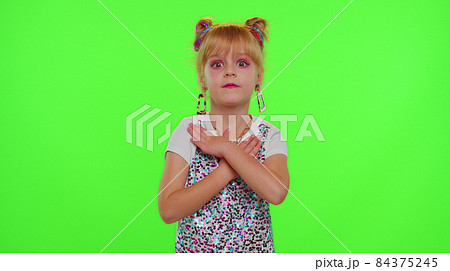 Stylish kid girl making trendy dance video for social media network, child dancing, funny blogger 84375245