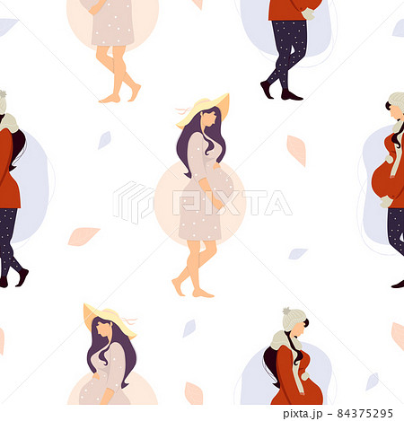 Seamless pattern with pregnant girl. Happy women in winter and summer clothes on white background. Vector illustration. Maternity and female health concept for packaging, wallpaper, decor. 84375295