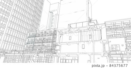 屋上駐車場から見たビル線画 屋上駐車場から見たビル線画 84375677