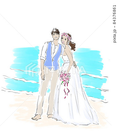 ビーチウエディング リゾートウエディング 新郎新婦のイラスト素材