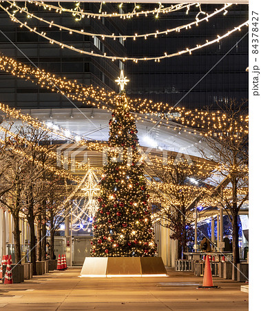 さいたま新都心 コクーンシティのイルミネーション 東口歩行者デッキのクリスマスツリーの写真素材