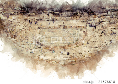 Athens, Greece. Watercolor painting Theater of Dionysus Eleutherius in the ancient citadel of the Acropolis Athens, Greece. Watercolor painting Theater of Dionysus Eleutherius in the ancient citadel of the Acropolis 84378818