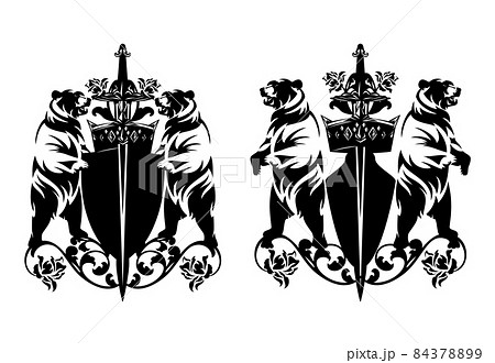 two bears guarding heraldic shield with royal crown and sword among rose flowers black and white vector outline two bears guarding heraldic shield with royal crown and sword among rose flowers black and white vector outline 84378899