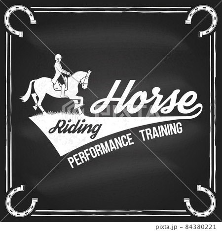 Horse racing sport club badges, patches, emblem, logo. Vector illustration. Vintage monochrome equestrian label with rider and horse silhouettes. Horseback riding sport. Concept for shirt or logo 84380221
