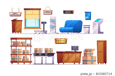 Post office interior with furniture, warehouse. Delivery service elements stuff, furniture, postbox, correspondence, terminal, parcels on shelves, conveyor, reception, trash bin, belt scales 84380714