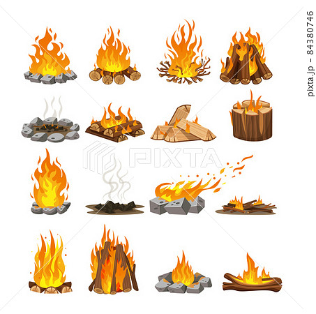 Firewood boards, outdoor bonfire of branches, fire burning wooden logs, flaming, extinct fire bonfire, coals. Wood campfire. Wood material branches, planks, logs. Firewood flames, bonfire flame 84380746