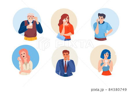 Group people with smartphones. Man woman elderly students chatting, making selfie, listening music, talking using smartphones. People mobile internet technology, social networking, social media Group people with smartphones. Man woman elderly students chatting, making selfie, listening music, talking using smartphones. People mobile internet technology, social networking, social media 84380749