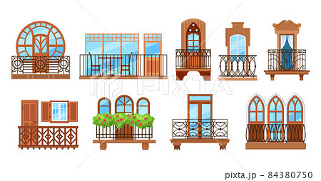 Vintage balcony with facade building. Balcony windows, house facade of wooden banister porch or metal forged fences. Home facade balconies with windows, doors, potted plants retro decor 84380750