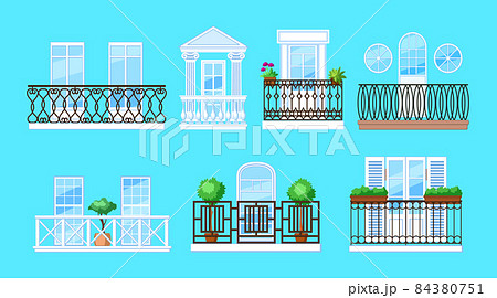 Vintage balcony with facade building. Balcony windows, house facade of wooden banister porch or metal forged fences. Home facade balconies with windows, doors, potted plants retro decor Vintage balcony with facade building. Balcony windows, house facade of wooden banister porch or metal forged fences. Home facade balconies with windows, doors, potted plants retro decor 84380751