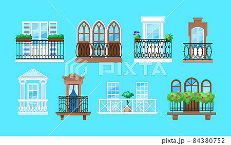 Vintage balcony with facade building. Balcony windows, house facade of wooden banister porch or metal forged fences. Home facade balconies with windows, doors, potted plants retro decor 84380752