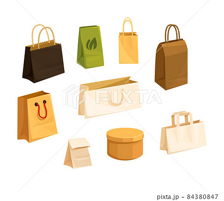 Shopping paper mockup realistic square paper package bag, festive boxing. Corporate identity blank packaging, shopping bag, cardboard shoe boxes, packages, hand drawn gift packet of craft paper 84380847