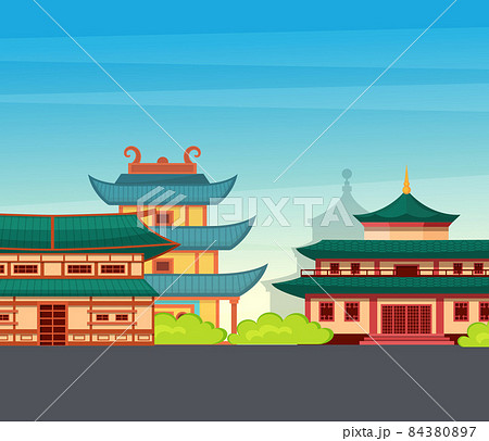 Traditional chinese, asian street with chinese buildings, pagoda, temple, house. China town city landmarks landscape, Japan building architecture. Happy Chinese New Year greeting card 84380897