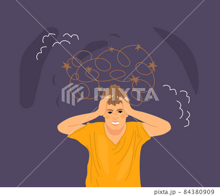 Frustrated man with nervous problems, in anger and irritation holding his head. Man has the confusion of thoughts, strong headache, tired exhausted, nervous mental agitation in his head flat 84380909