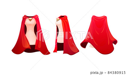 Realistic woman cape of cloak costume, women superhero. Superhero red cape, scarlet fabric silk cloak. Carnival costume, mockup festive clothing, front back behind view. Masquerade fancy dress 84380915
