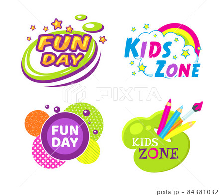 Kids zone entertainment set childish banner label sticker badge 84381032