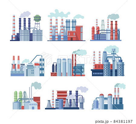 Industrial factory buildings set. Industrial buildings with pipes, power station, thermal nuclear power plants, different manufacturing plant, warehouse, factory with storage tanks for oil, gas 84381197