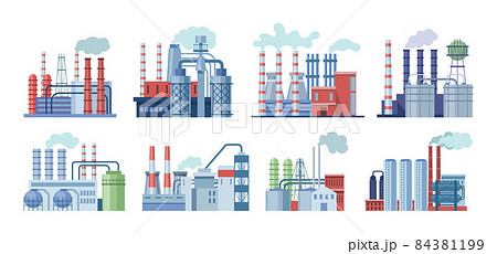 Industrial factory buildings set. Industrial buildings with pipes, power station, thermal nuclear power plants, different manufacturing plant, warehouse, factory with storage tanks for oil, gas 84381199