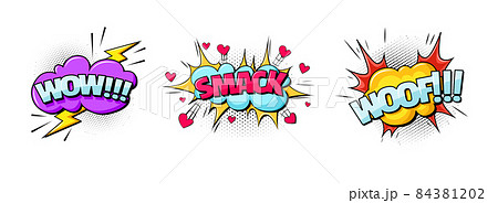 Comic speech bubble. Speech clouds with quotes, exclamations, surprise, admiration, anger, sound effects pop art crash, zap,smash. Cartoon pattern with comic speech bubble, boom, burst clouds. 84381202