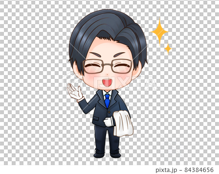 Illustration of a glasses butler serving with a smile Illustration of a glasses butler serving with a smile 84384656