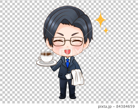 Illustration of a glasses butler carrying coffee with a smile 84384659