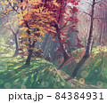 Autumn forest with sunlight painting landscape, oil on canvas art, beautiful nature park artwork illustration, colorful garden with leaves, beautiful trees and hills. 84384931