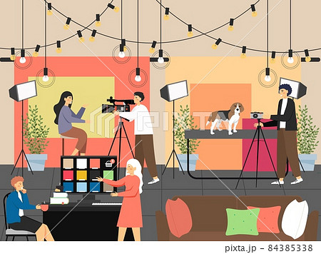 Photographer shooting young girl and cute pet dog with professional camera. Photoshoot in studio, vector illustration. 84385338