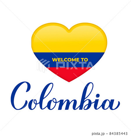 Welcome to Colombia lettering with national flag in heart shape isolated on white background. Vector template for typography poster, postcard, banner, flyer, sticker, t-shirt Welcome to Colombia lettering with national flag in heart shape isolated on white background. Vector template for typography poster, postcard, banner, flyer, sticker, t-shirt 84385443
