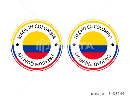 Made in Colombia round labels in English and in Spanish languages. Quality mark vector icon. Perfect for logo design, tags, badges, stickers, emblem, product package 84385444