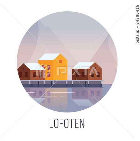 Vector illustration of a popular Norwegian travel destination Lofoten islands. Winter landscape with colorful fisherman houses surrounded by mountains Vector illustration of a popular Norwegian travel destination Lofoten islands. Winter landscape with colorful fisherman houses surrounded by mountains 84386416