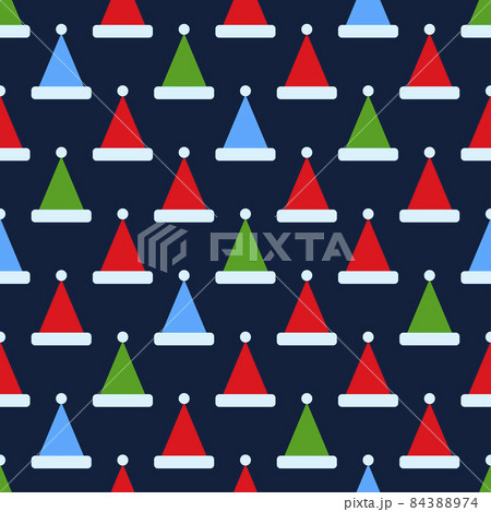 Santa Claus hat icon seamless pattern on dark blue. Vector design in retro style. Festive Christmas packaging. Vector Santa Claus hat icon seamless pattern on dark blue. Vector design in retro style. Festive Christmas packaging. Vector 84388974