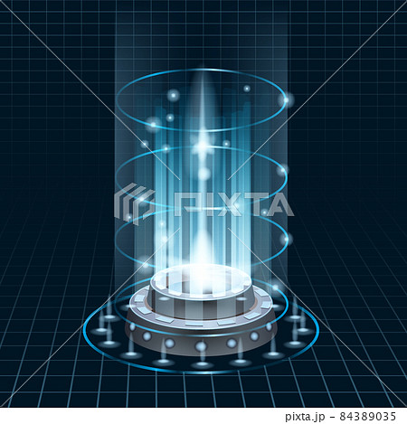 Futuristic portal sky-fi digital, circle science teleport tunnel with light rays and glows, podium, projector. Vector illustration, black blue background 84389035