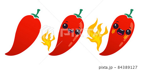 Cartoon red chilli pepper with flame for Mexican or Thai food. Cartoon red chilli pepper with flame for Mexican or Thai food. 84389127