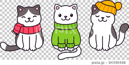 Cute cats in sweater, scarf and hat Cute cats in sweater, scarf and hat 84390486